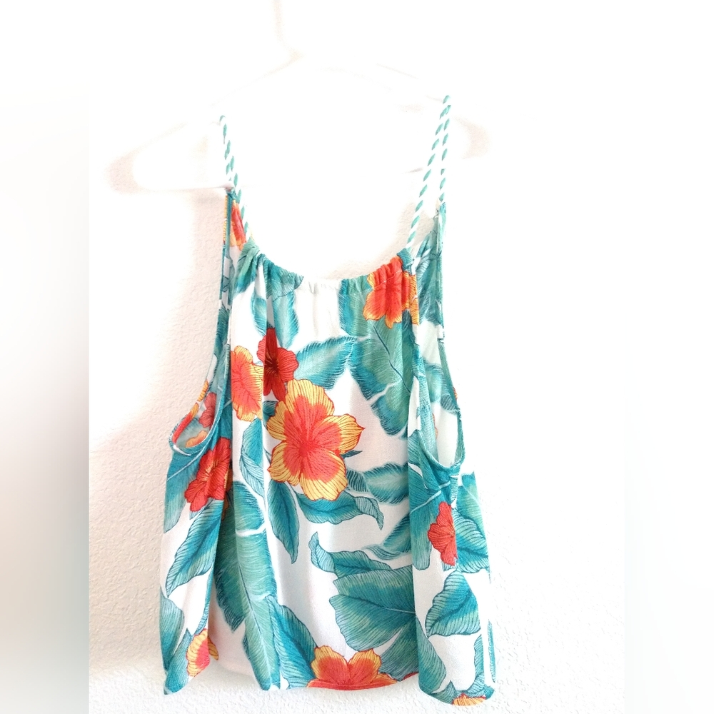 Forever 21 Contemporary Floral Tank Top Tassels Hawaiian Flowers XS Chest 28"
